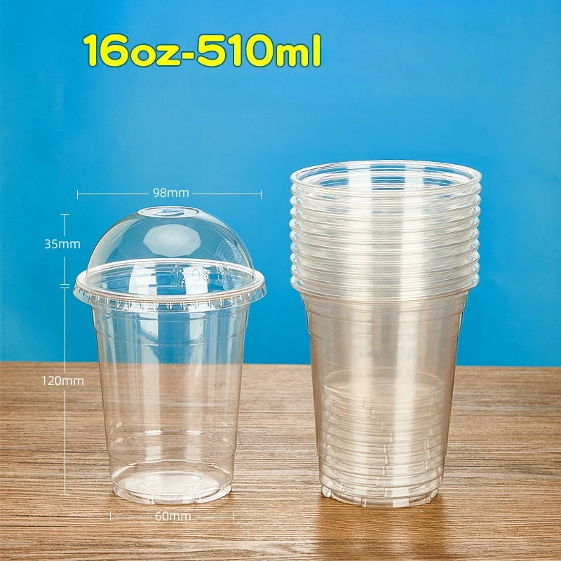 50PCS Disposable Plastic Cups with Lid Takeaway Ice Coffee Cold Drink Water Cups Takeout Transparent Cups for Shop Picnic Party