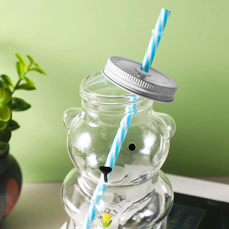 Plastic Bear Cup, Adorable Honeybear Mugs with Straws, Lidded Cups for Drinks