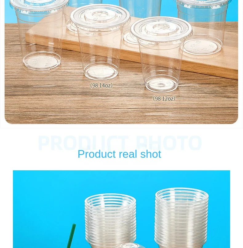 50PCS Disposable Plastic Cups with Lid Takeaway Ice Coffee Cold Drink Water Cups Takeout Transparent Cups for Shop Picnic Party