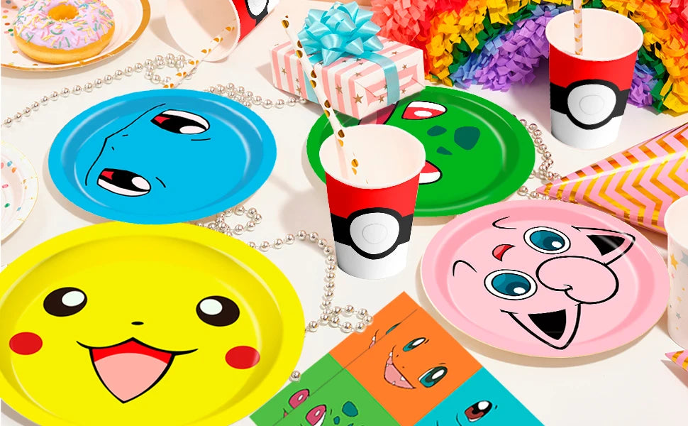 Pokemon Party Supplies,120 Pcs Pokemon Birthday Party Tableware Set-Pokemon Plates Napkins Cups etc Pokemon Birthday Decorations