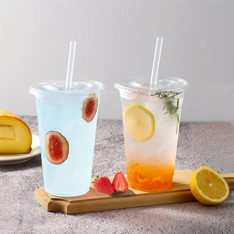 50PCS Disposable Plastic Cups with Lid Takeaway Ice Coffee Cold Drink Water Cups Takeout Transparent Cups for Shop Picnic Party