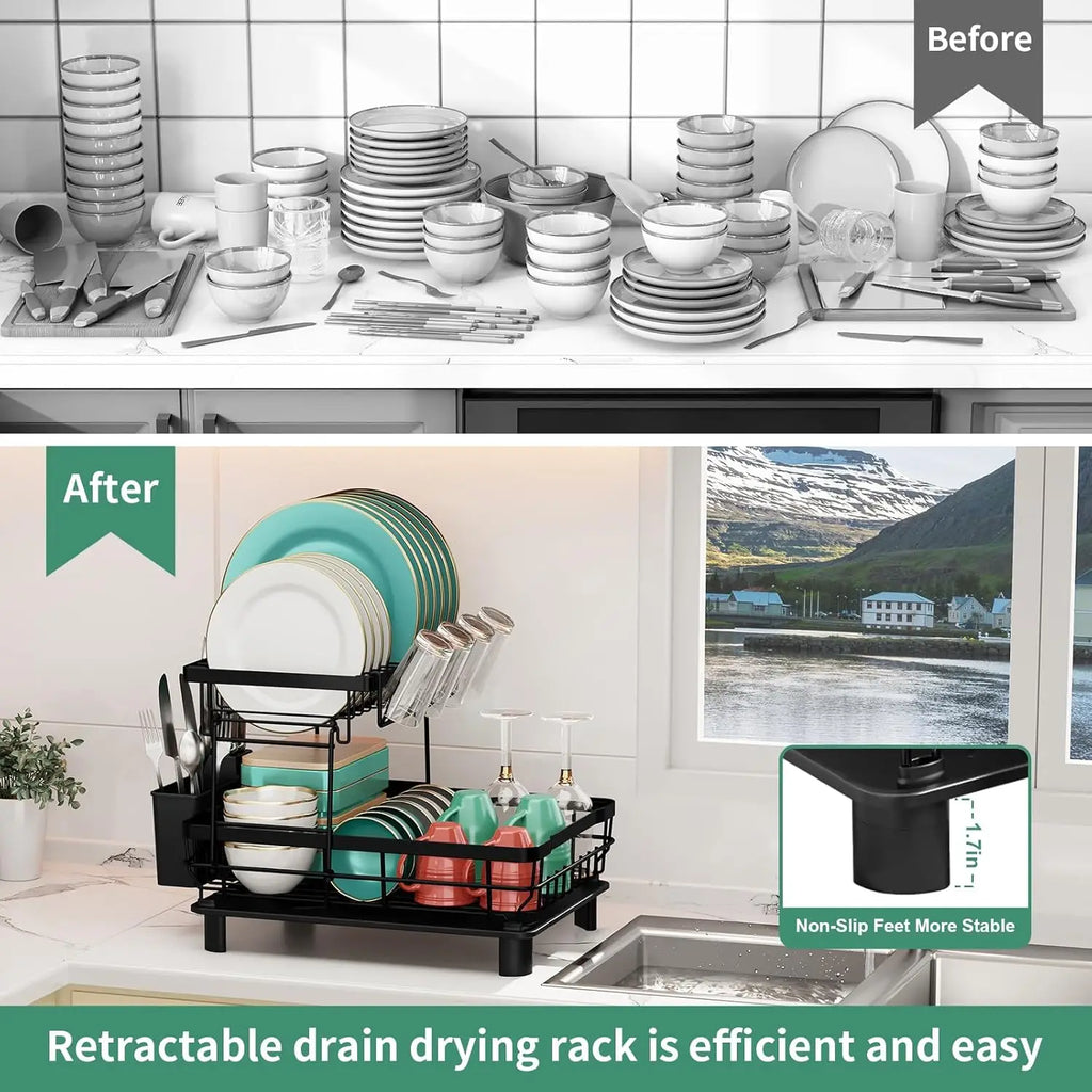 Double-tier automatic draining dish rack, kitchen countertop storage rack, suitable for plates and bowls, kitchen utensils