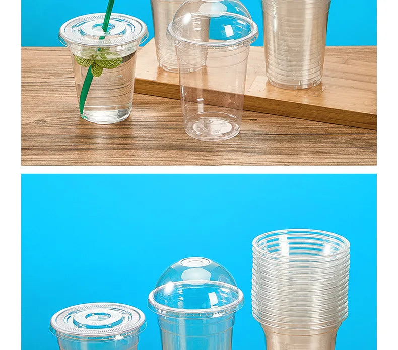 50PCS Disposable Plastic Cups with Lid Takeaway Ice Coffee Cold Drink Water Cups Takeout Transparent Cups for Shop Picnic Party