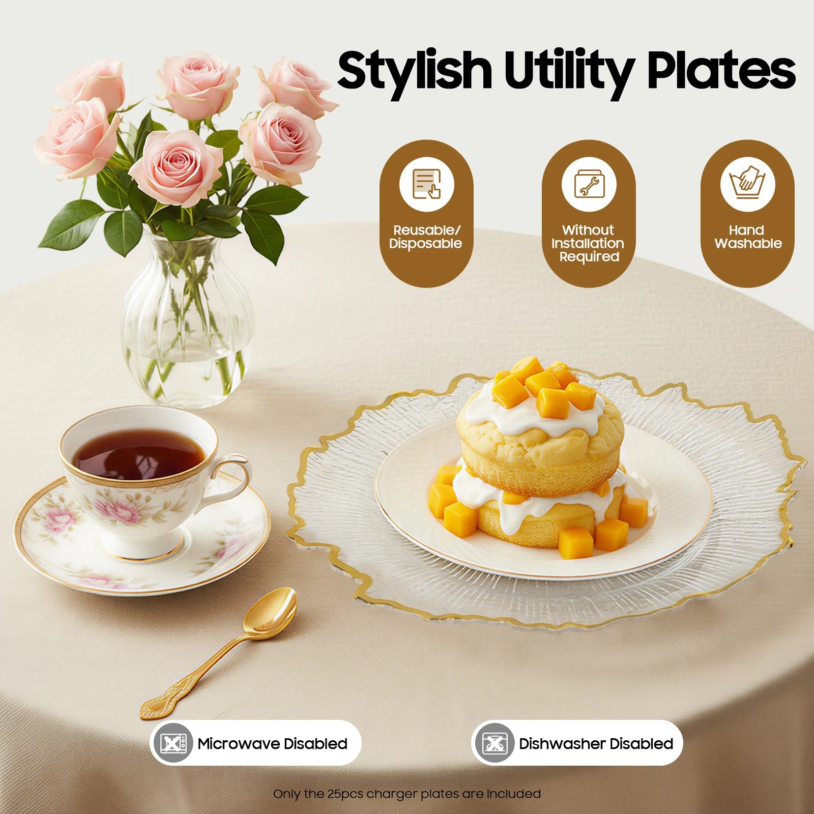 Serving Charger Plates 25 Pack Gold Rim Transparent Plastic 32cm for Wedding Birthday Holiday Party Dessert Display Easy Clean