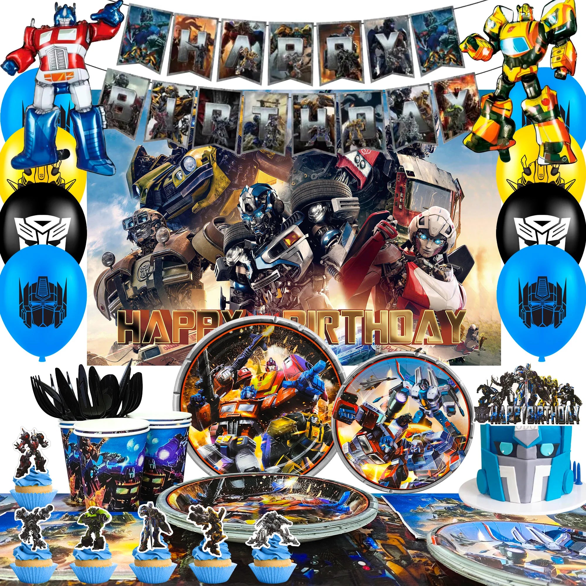 Transformers Birthday Party Supplies,114pcs Transformers Birthday Party Tableware-Transformers Plates Tablecloths Banners etc