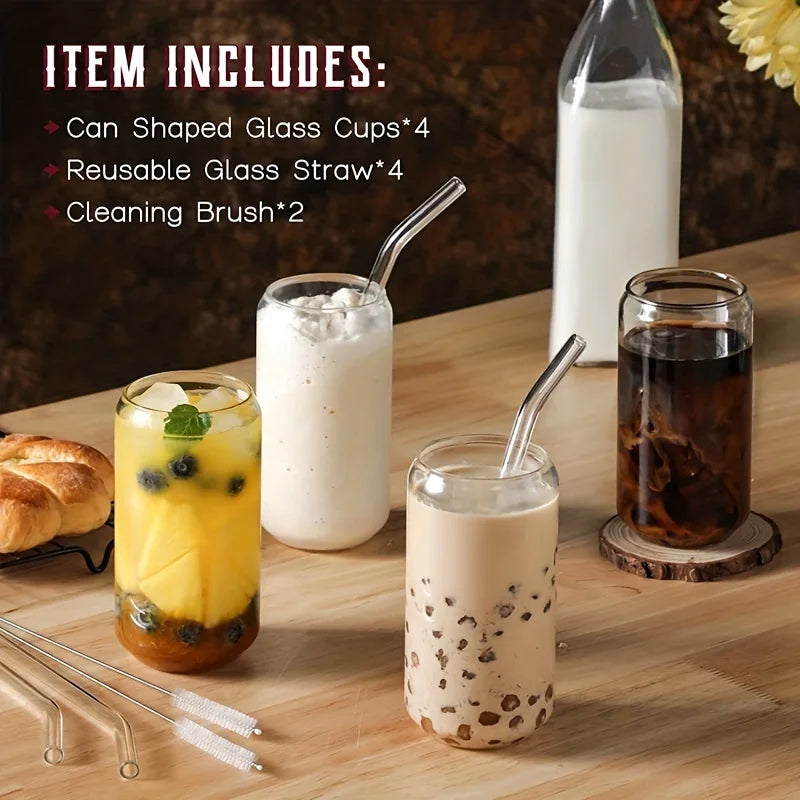 DecorBites Can-Shaped Glass Drinking Cups with Straws – 4-Piece Set