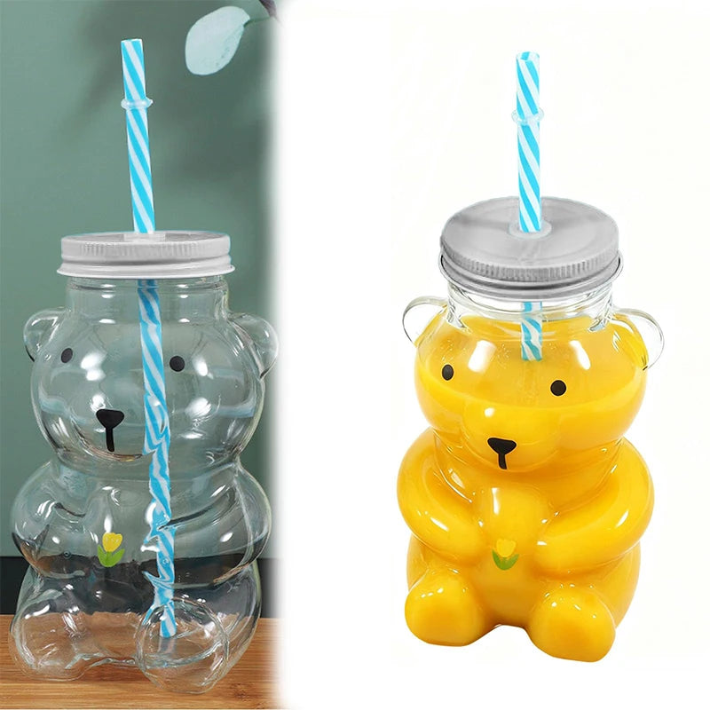 Plastic Bear Cup, Adorable Honeybear Mugs with Straws, Lidded Cups for Drinks