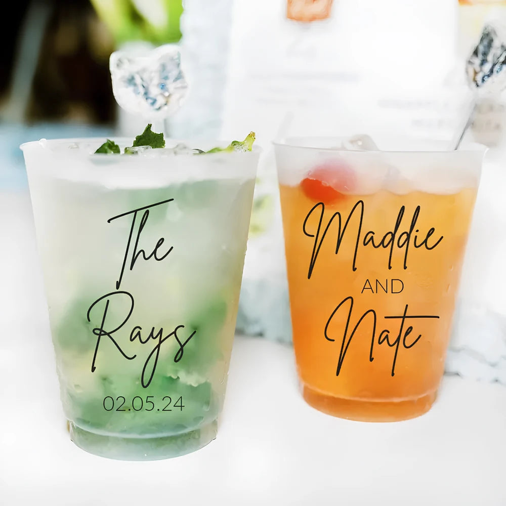 10/50 Custom Plastic Cups for Wedding, 12oz Personalized Plastic Cups, Frosted Cups Customize Wedding Plastic Drinking Cups