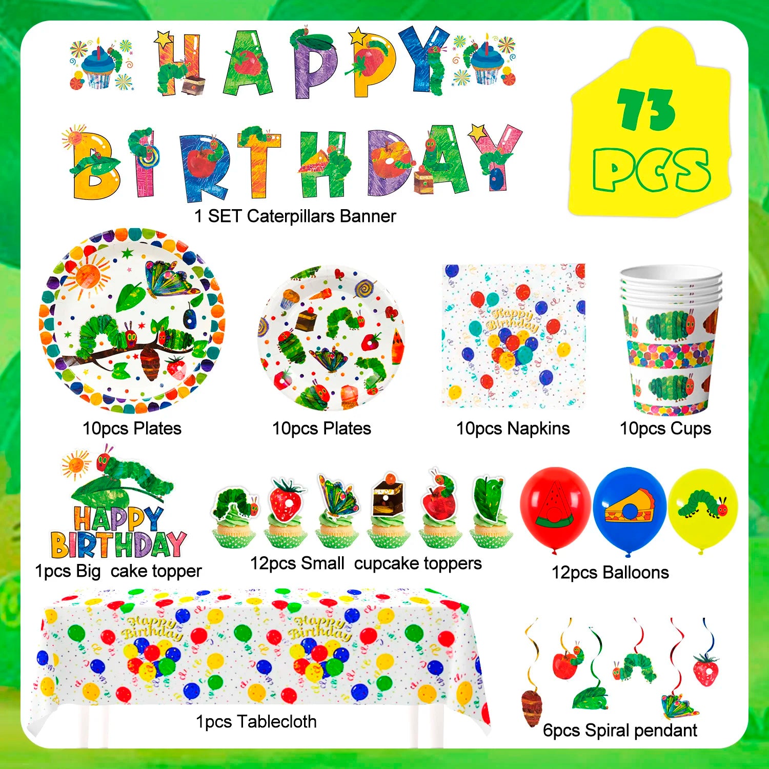 The Very Hungry Caterpillar Party Supplies,73pcs Hungry Caterpillar Birthday Decorations & Tableware Set-Plates Tablecloth etc