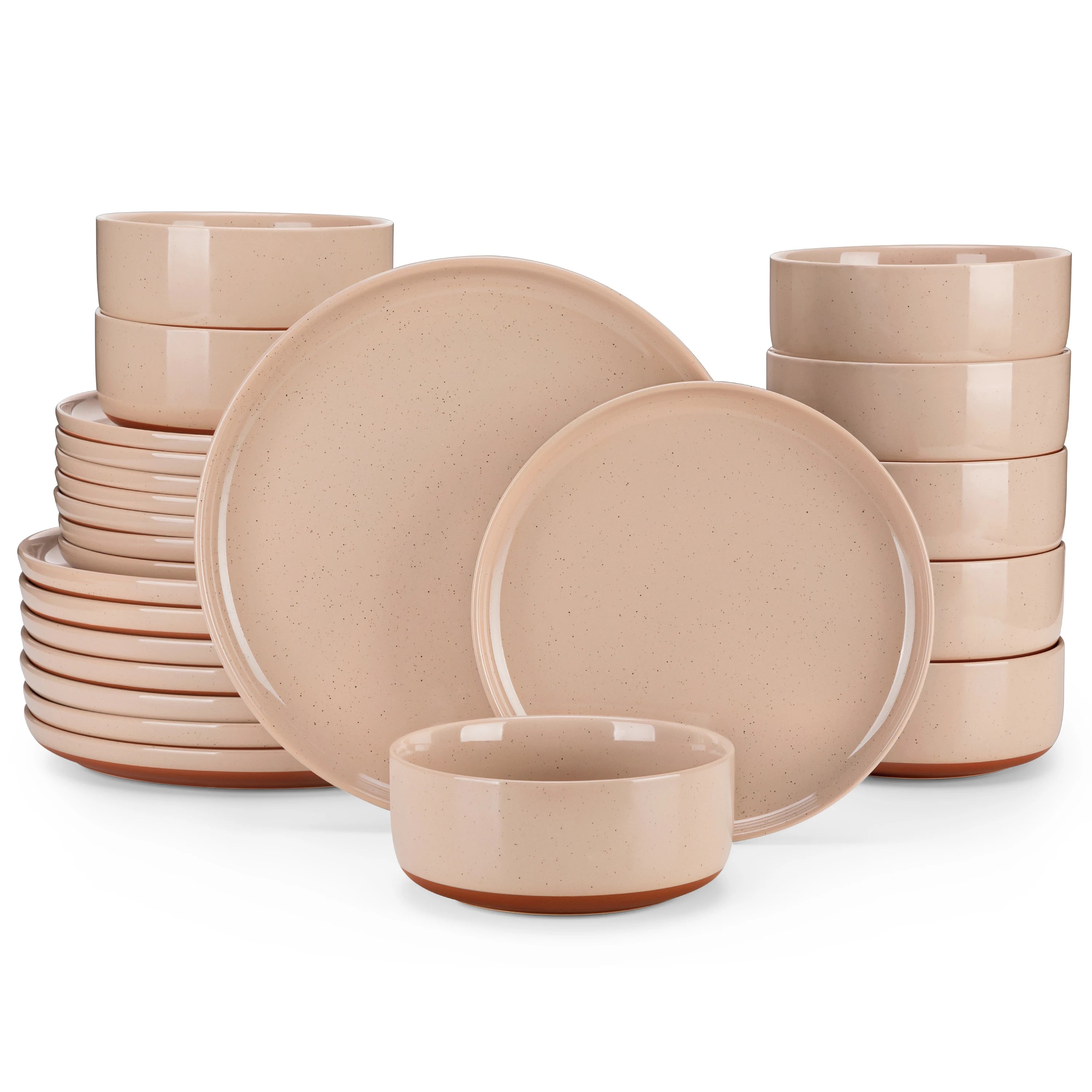 MALACASA TARA 12/24-teiliges Geschirrset, gebogener Rand, Sesamglasur, Steingut-Tellerset mit 4/6 Speisetellern/Desserttellern/Schalen