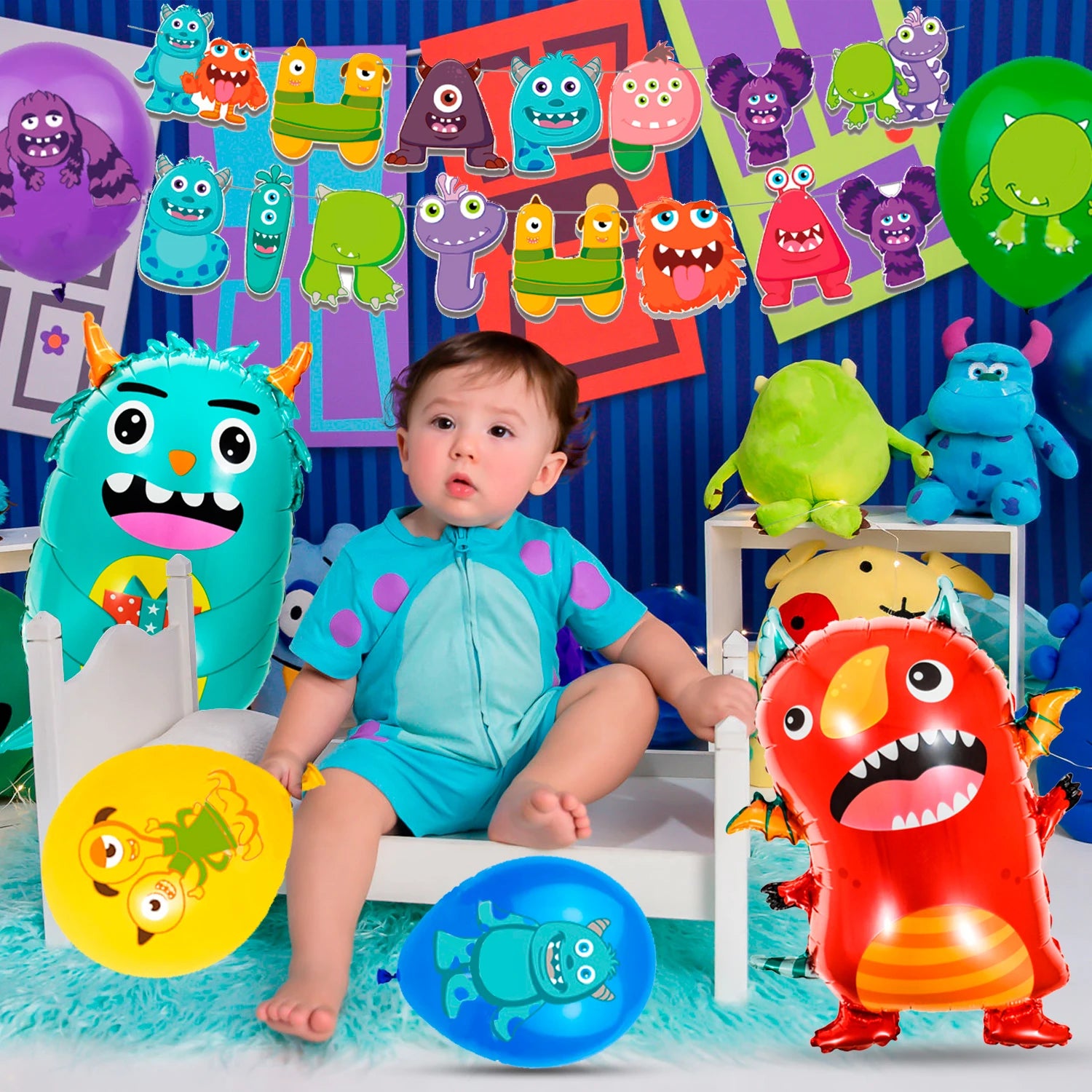 One-eyed monster Birthday Decorations,113 pcs One-eyed monster Party Supplies&Tableware Set-Plates Tablecloth Balloon Banner etc