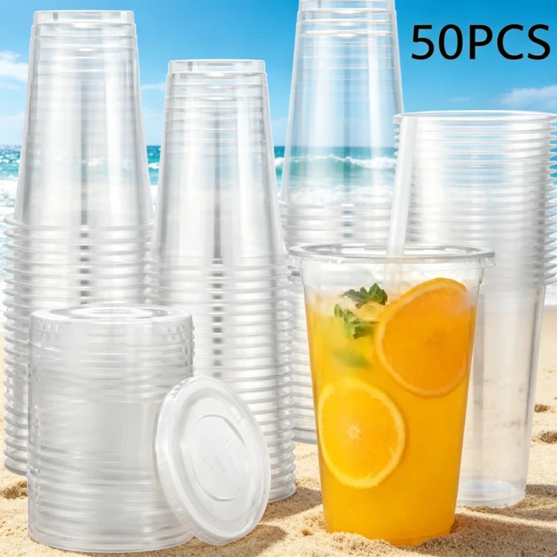 50Pcs/Set 12/16OZ Clear Disposable Plastic Cups With Lids For Iced Coffee Smoothie Milkshake Cold Drinks Birthday Party Supplies