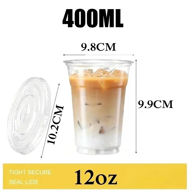 Plastic Disposable Cups with Lid Clear Cold Drink Containers for Fruit Juice Milk Tea Iced Coffee Ice Cream Dessert Party Café