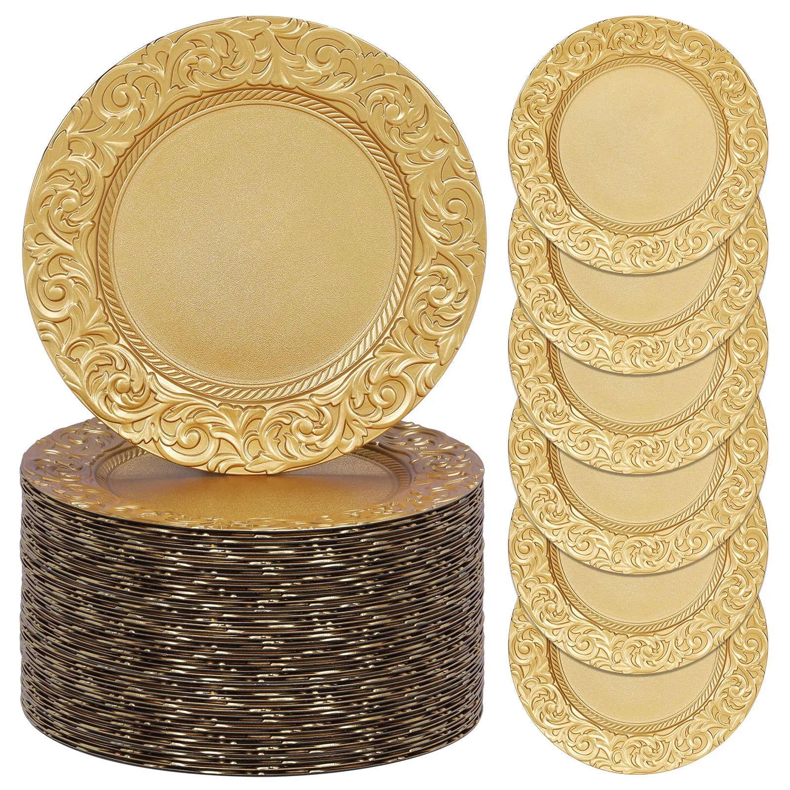 100 Pcs 13in Antique Charger Plates Bulk Plastic Decorative Service Plate with Embossed Rim for Dinner Wedding Party Event Table
