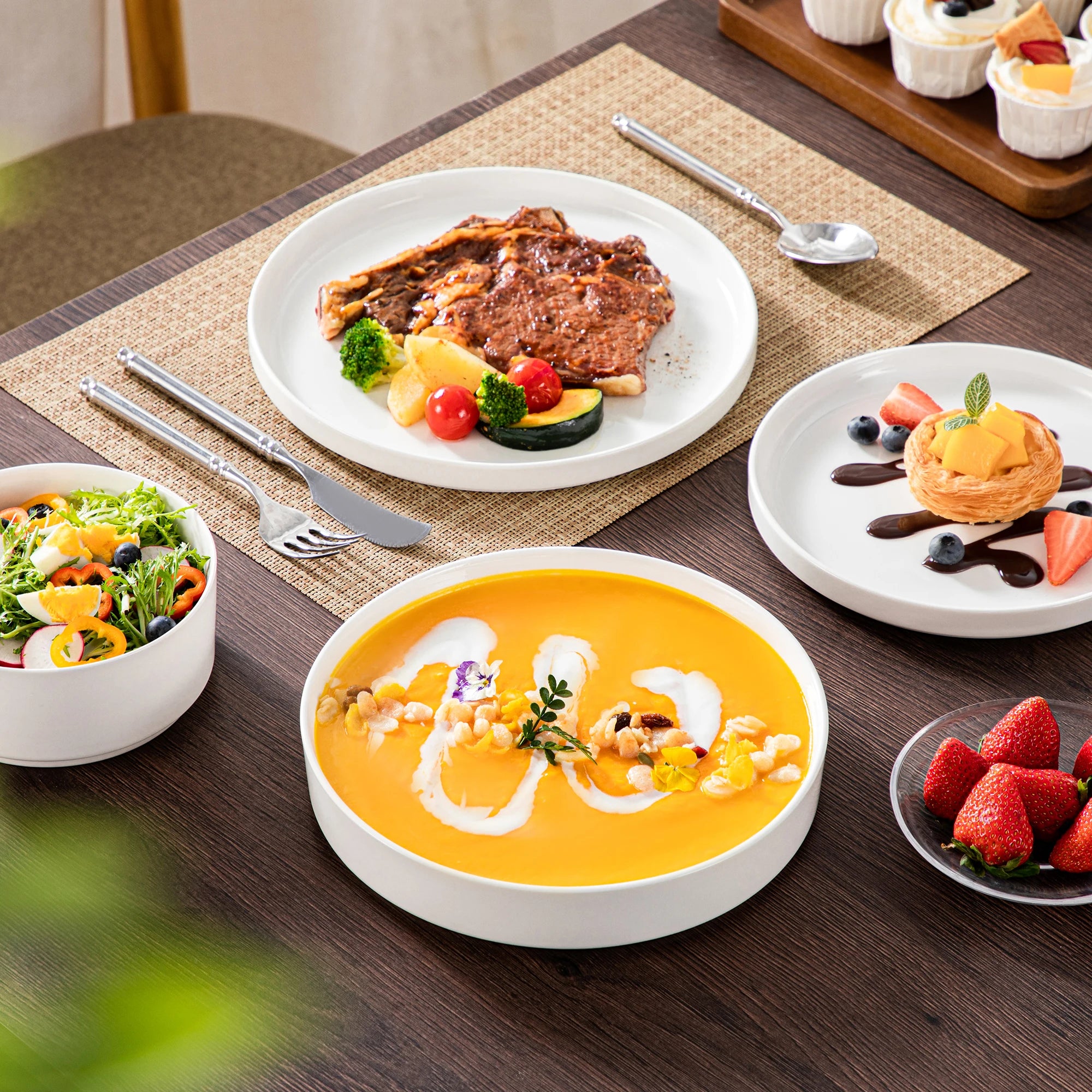 MALACASA 12/16/18/24ピース ディナープレートセット ブラックリム 半立ち上がりエッジ食器 4/6ピース ディナープレート/デザート/スープ/ボウル