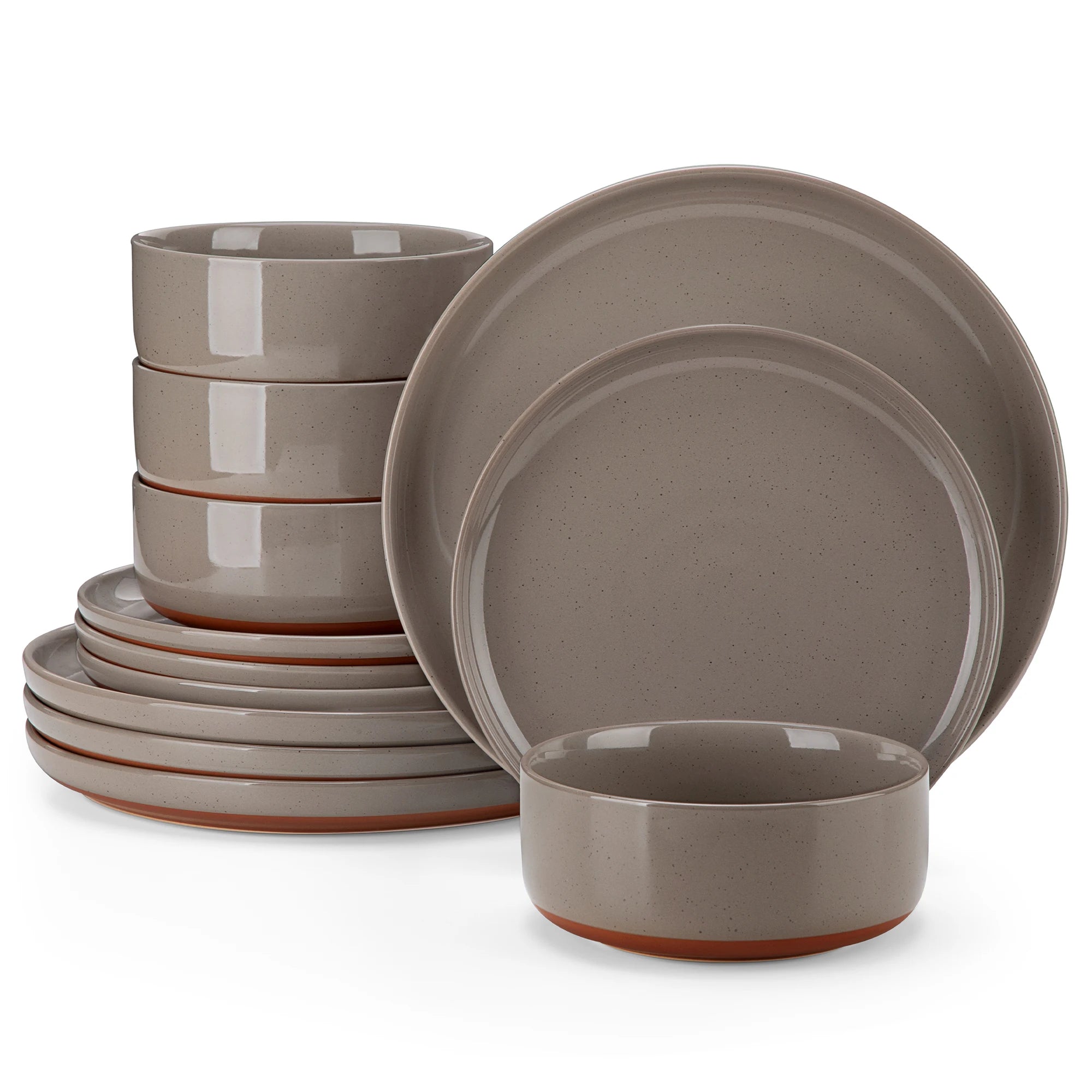 MALACASA TARA 12/24-teiliges Geschirrset, gebogener Rand, Sesamglasur, Steingut-Tellerset mit 4/6 Speisetellern/Desserttellern/Schalen