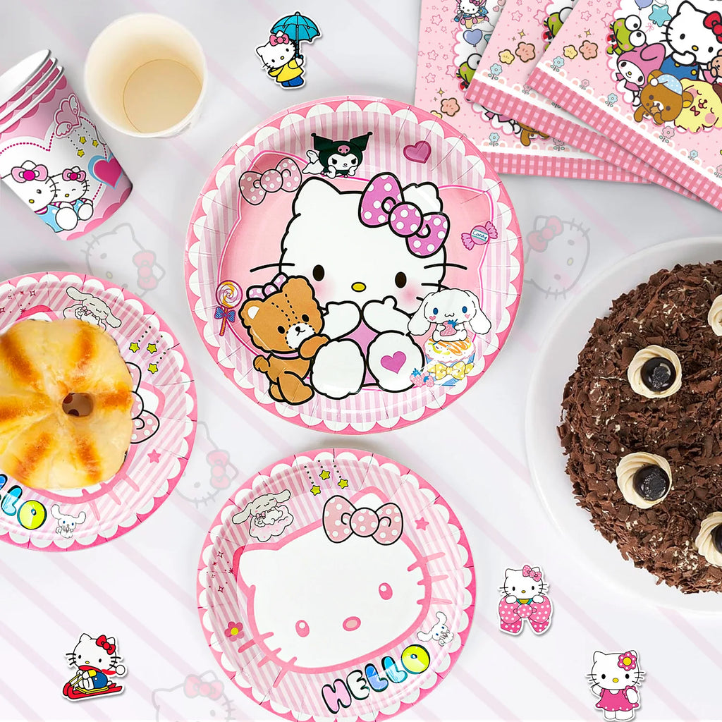 124 Pcs Sanrio Hello Kitty Party Decorations&Tableware-Kitty Plates Backdrop Balloon Banner etc Hello Kitty Birthday Decorations