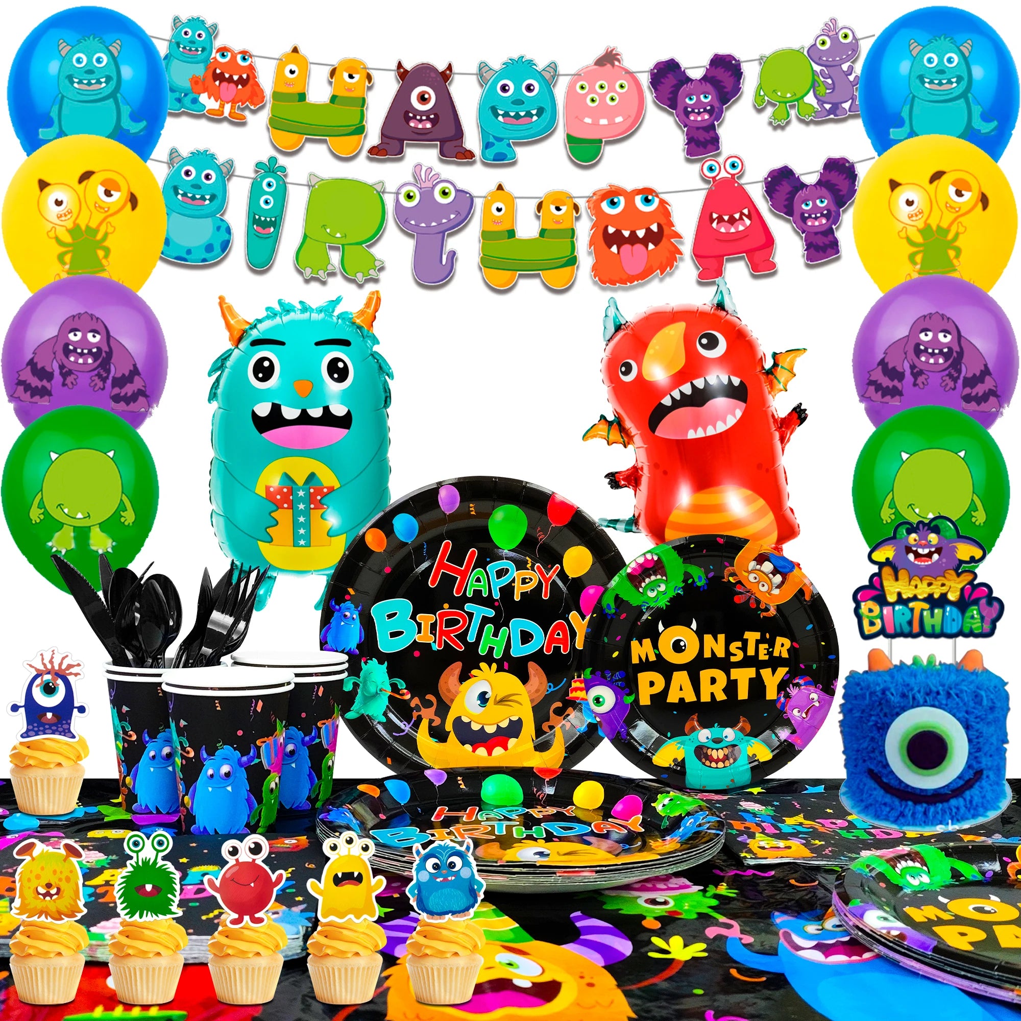 One-eyed monster Birthday Decorations,113 pcs One-eyed monster Party Supplies&Tableware Set-Plates Tablecloth Balloon Banner etc