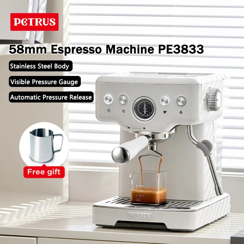 Petrus エスプレッソコーヒーマシン ステンレス製コーヒーメーカー 58mmポルタフィルター 商用スチームワンド ミルク泡立て器付き (220V)