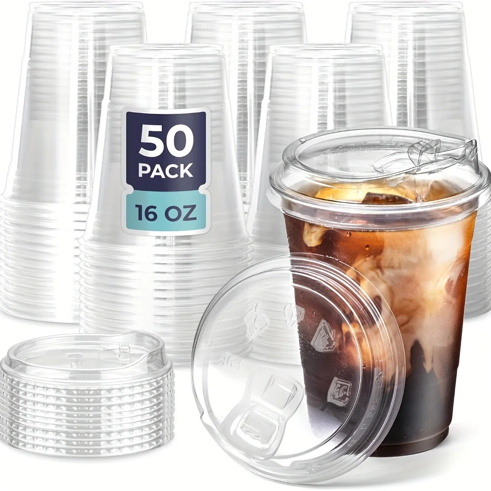 50Set Plastic Drinking Cups with Strawless Sip Lids Disposable Cups for Cold Drinks BPA With Lids Disposable Cups For Iced Coffe