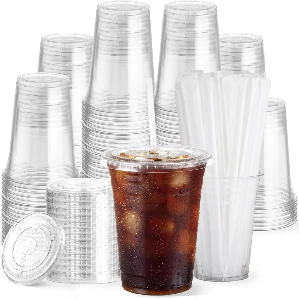 蓋付き使い捨てプラスチックカップ、結婚式、誕生日、パーティー、キャンプ、スムージー、ミルクシェイク、コーヒーに最適