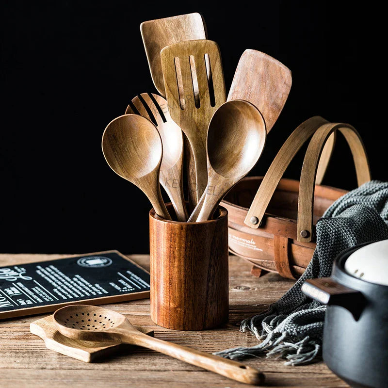 DecorBites 9-Piece Teak Wooden Cooking Utensils Set with Holder