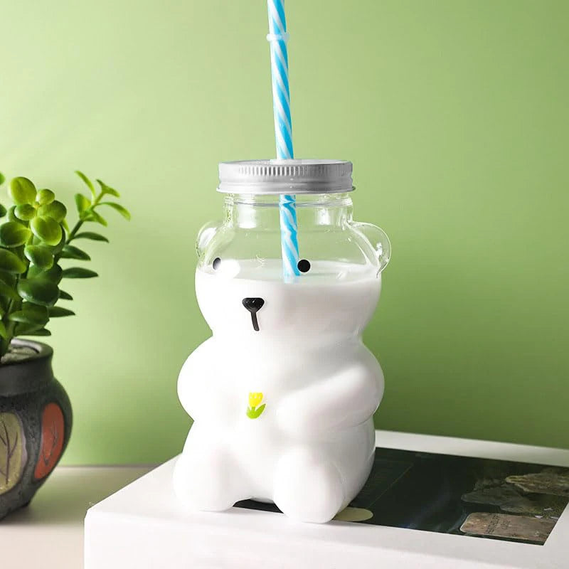 Plastic Bear Cup, Adorable Honeybear Mugs with Straws, Lidded Cups for Drinks