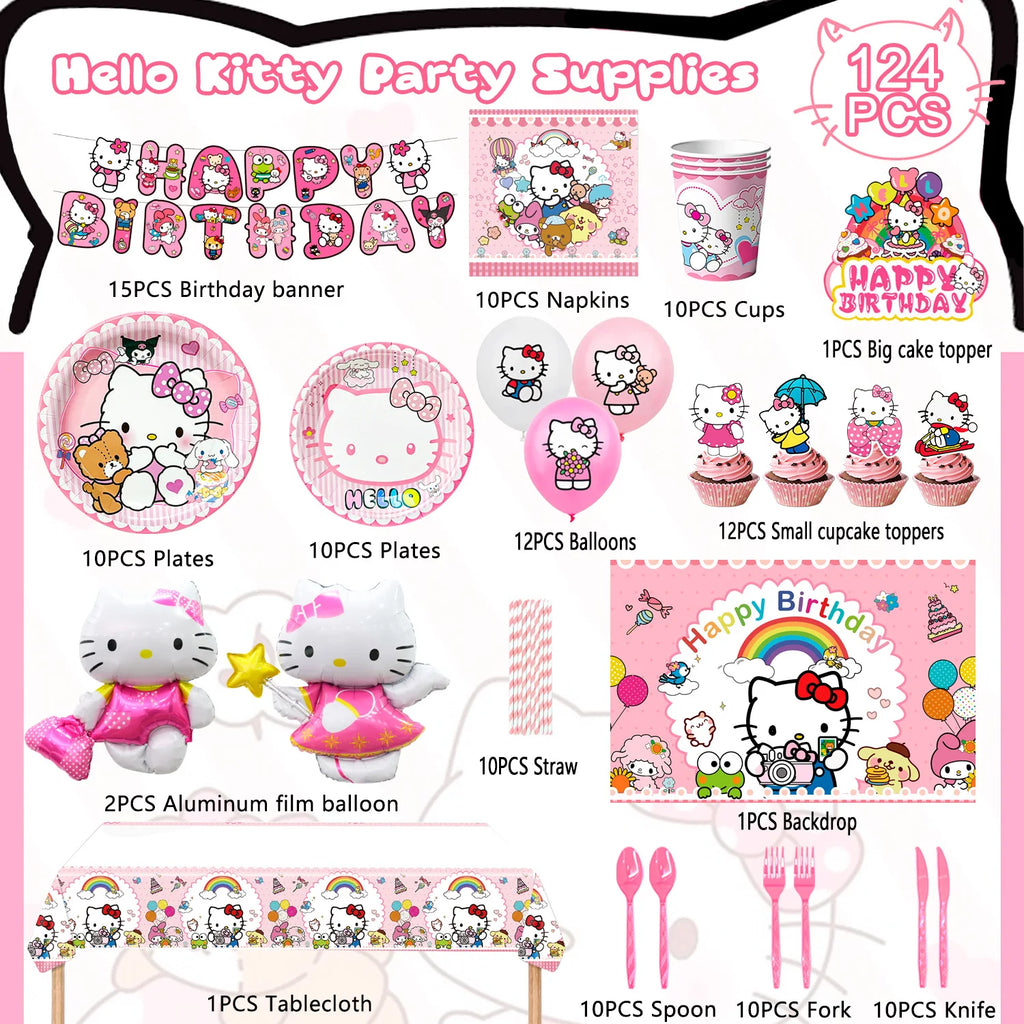 124 Pcs Sanrio Hello Kitty Party Decorations&Tableware-Kitty Plates Backdrop Balloon Banner etc Hello Kitty Birthday Decorations