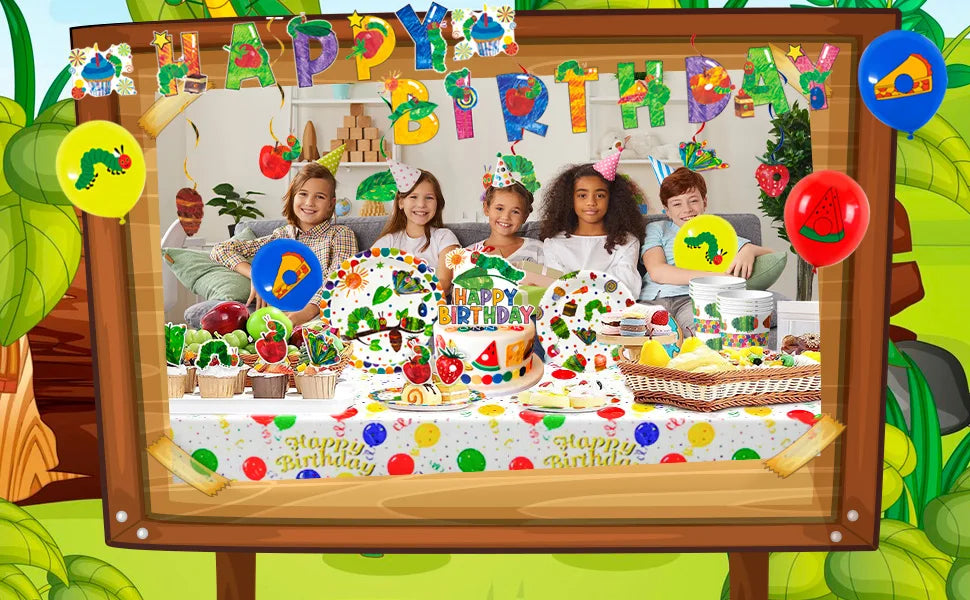 The Very Hungry Caterpillar Party Supplies,73pcs Hungry Caterpillar Birthday Decorations & Tableware Set-Plates Tablecloth etc
