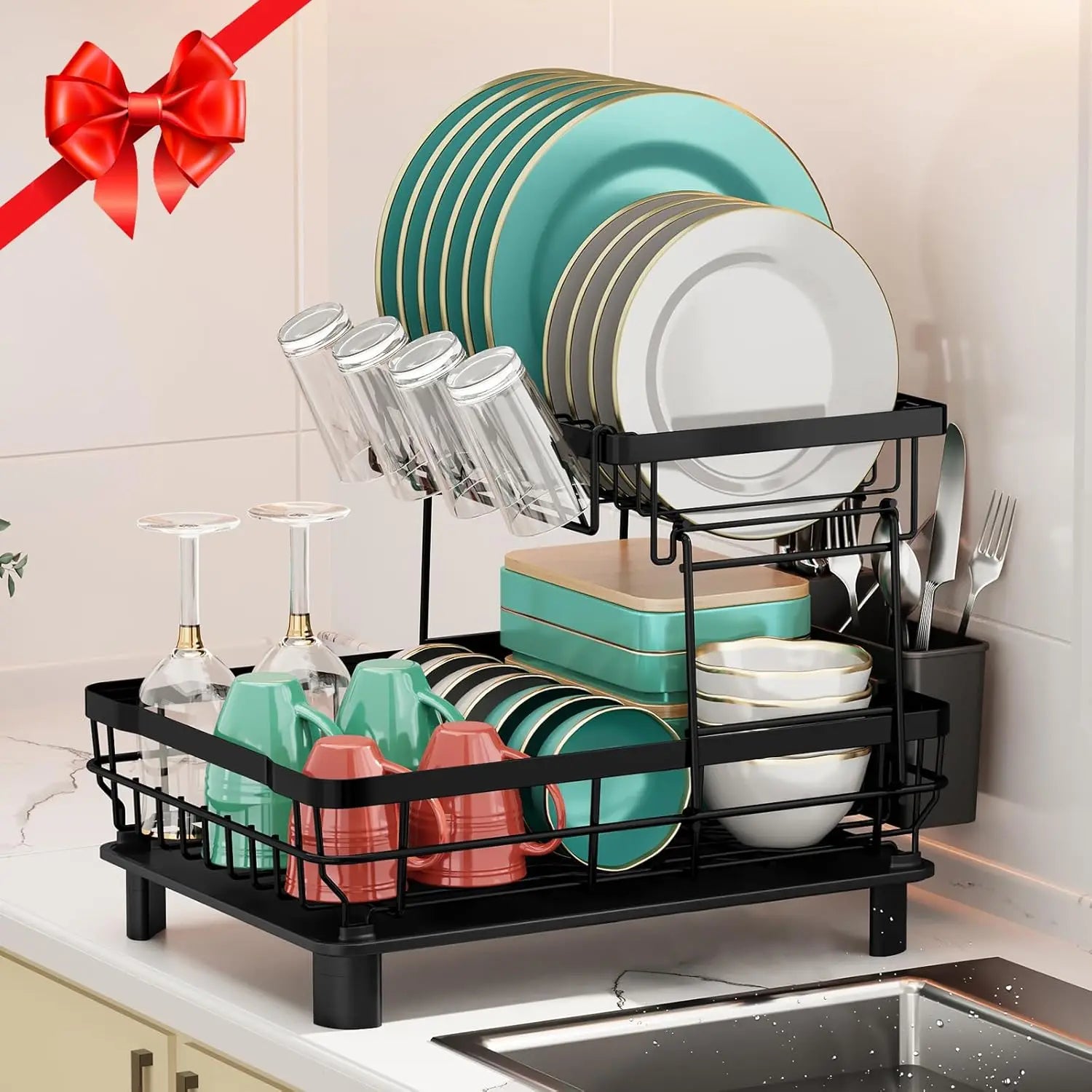 Double-tier automatic draining dish rack, kitchen countertop storage rack, suitable for plates and bowls, kitchen utensils
