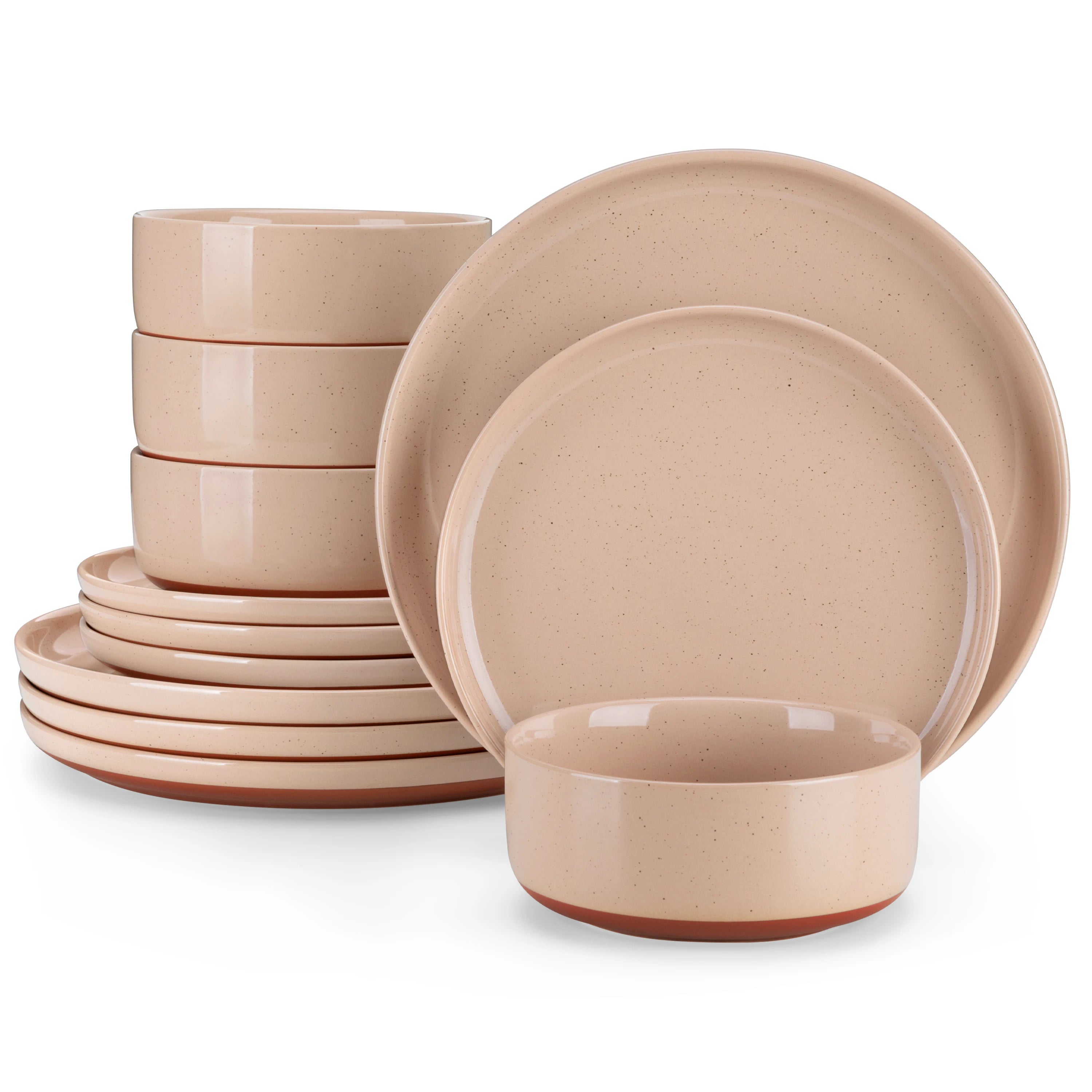 MALACASA TARA 12/24-teiliges Geschirrset, gebogener Rand, Sesamglasur, Steingut-Tellerset mit 4/6 Speisetellern/Desserttellern/Schalen