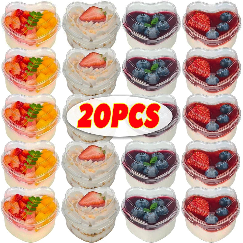 5/20x Disposable Plastic Cups with Lids Heart-shaped Clear Dessert Cup Pudding Container for Ice Cream Cake Fruit Yogurt Bowls