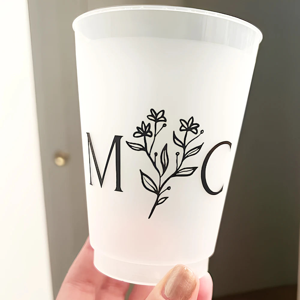 10/50 Custom Plastic Cups for Wedding, 12oz Personalized Plastic Cups, Frosted Cups Customize Wedding Plastic Drinking Cups