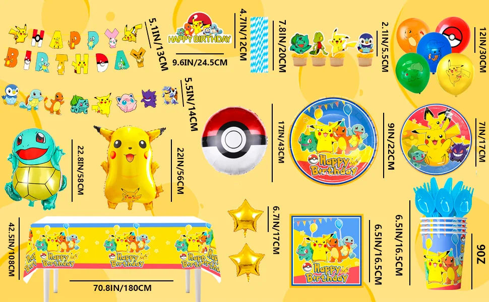 Pikachu Party Decorations,136pcs Pokemon Birthday Party Supplies-Banner Balloons Plates Napkins etc Pokemon Birthday Decorations