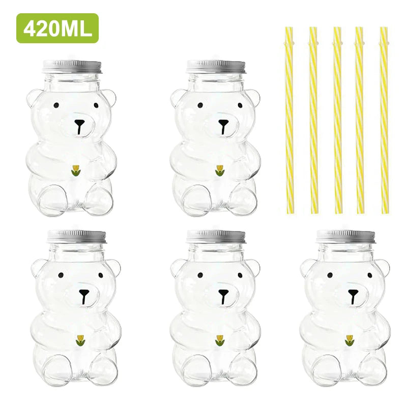 Plastic Bear Cup, Adorable Honeybear Mugs with Straws, Lidded Cups for Drinks