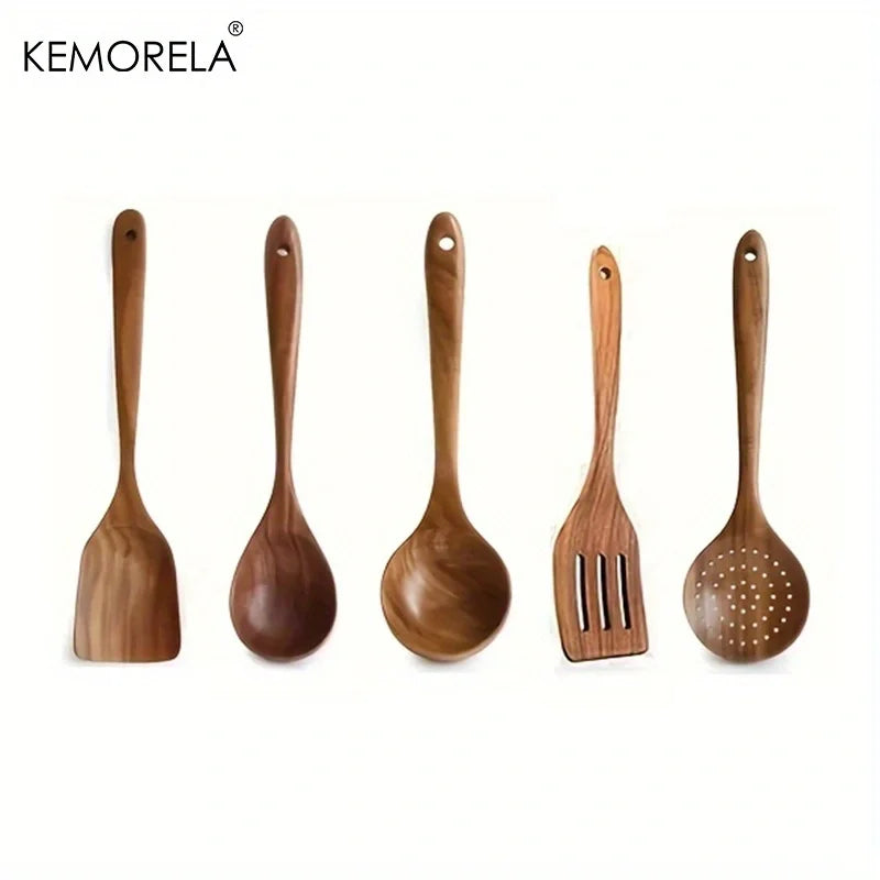 5-Piece Teak Wood Cooking Utensil Set – Spoon, Ladle & Turner