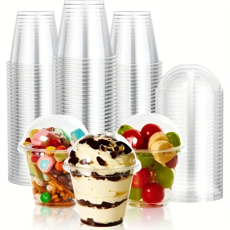 Plastic Disposable Cups with Lid Clear Cold Drink Containers for Fruit Juice Milk Tea Iced Coffee Ice Cream Dessert Party Café