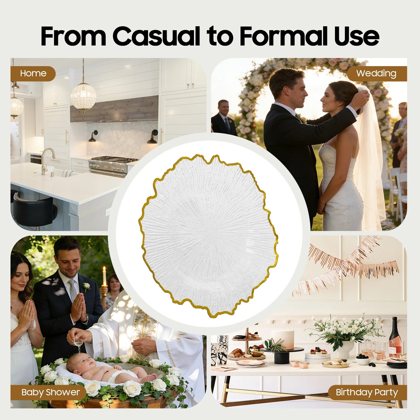 Serving Charger Plates 25 Pack Gold Rim Transparent Plastic 32cm for Wedding Birthday Holiday Party Dessert Display Easy Clean