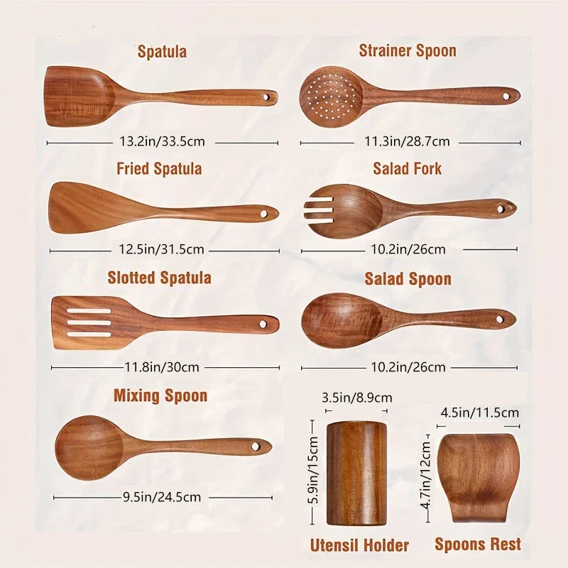 DecorBites 9-Piece Teak Wooden Cooking Utensils Set with Holder