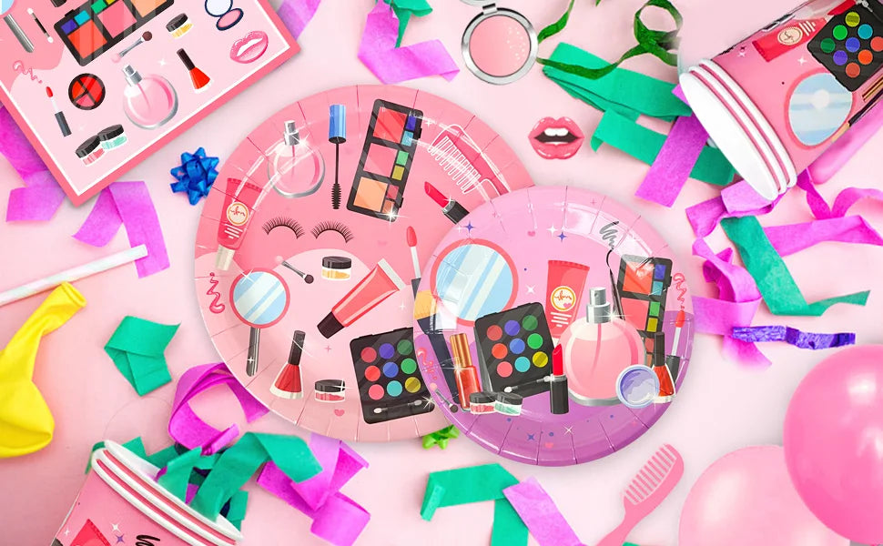 Make-up Birthday Party Supplies,103pcs Spa Party Decorations-Makeup Plates Banner Balloon etc Makeup Birthday Party Decorations