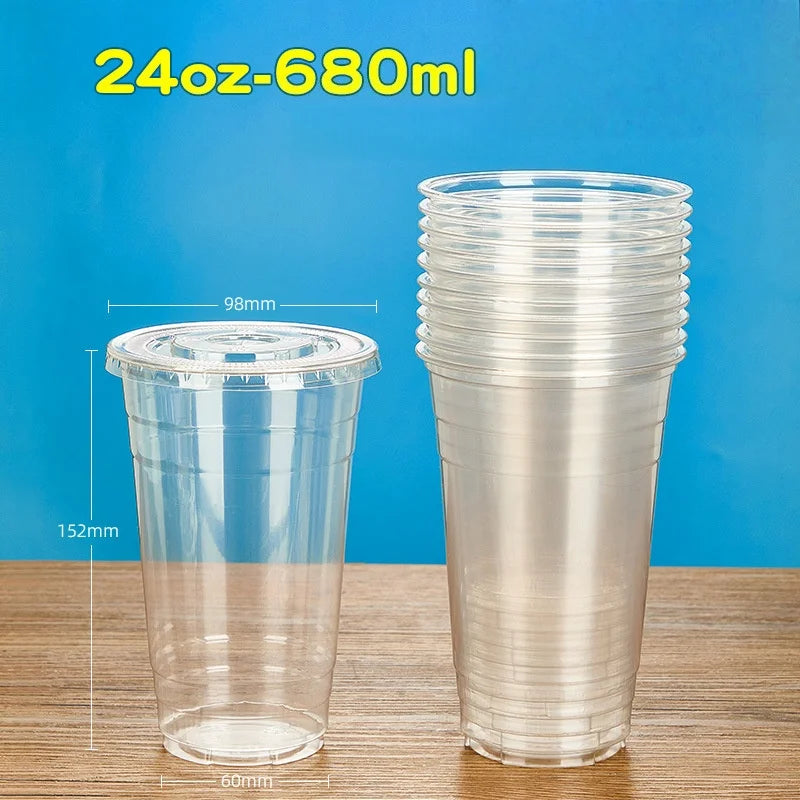 50PCS Disposable Plastic Cups with Lid Takeaway Ice Coffee Cold Drink Water Cups Takeout Transparent Cups for Shop Picnic Party