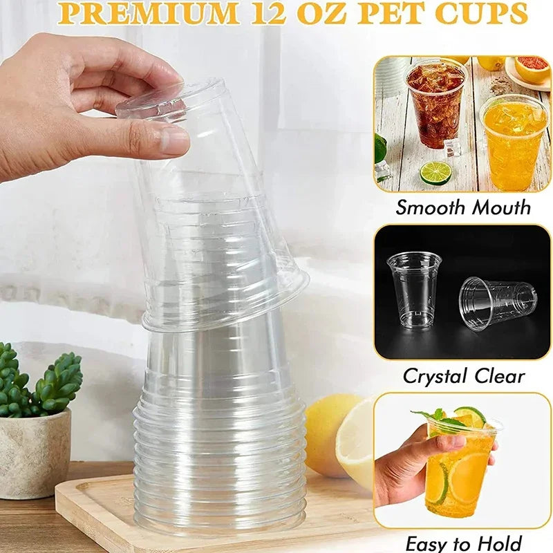 Plastic Disposable Cups with Lid Clear Cold Drink Containers for Fruit Juice Milk Tea Iced Coffee Ice Cream Dessert Party Café