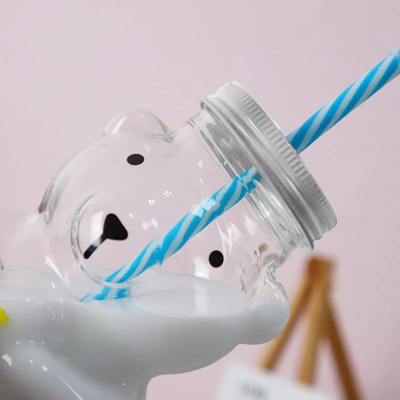Plastic Bear Cup, Adorable Honeybear Mugs with Straws, Lidded Cups for Drinks