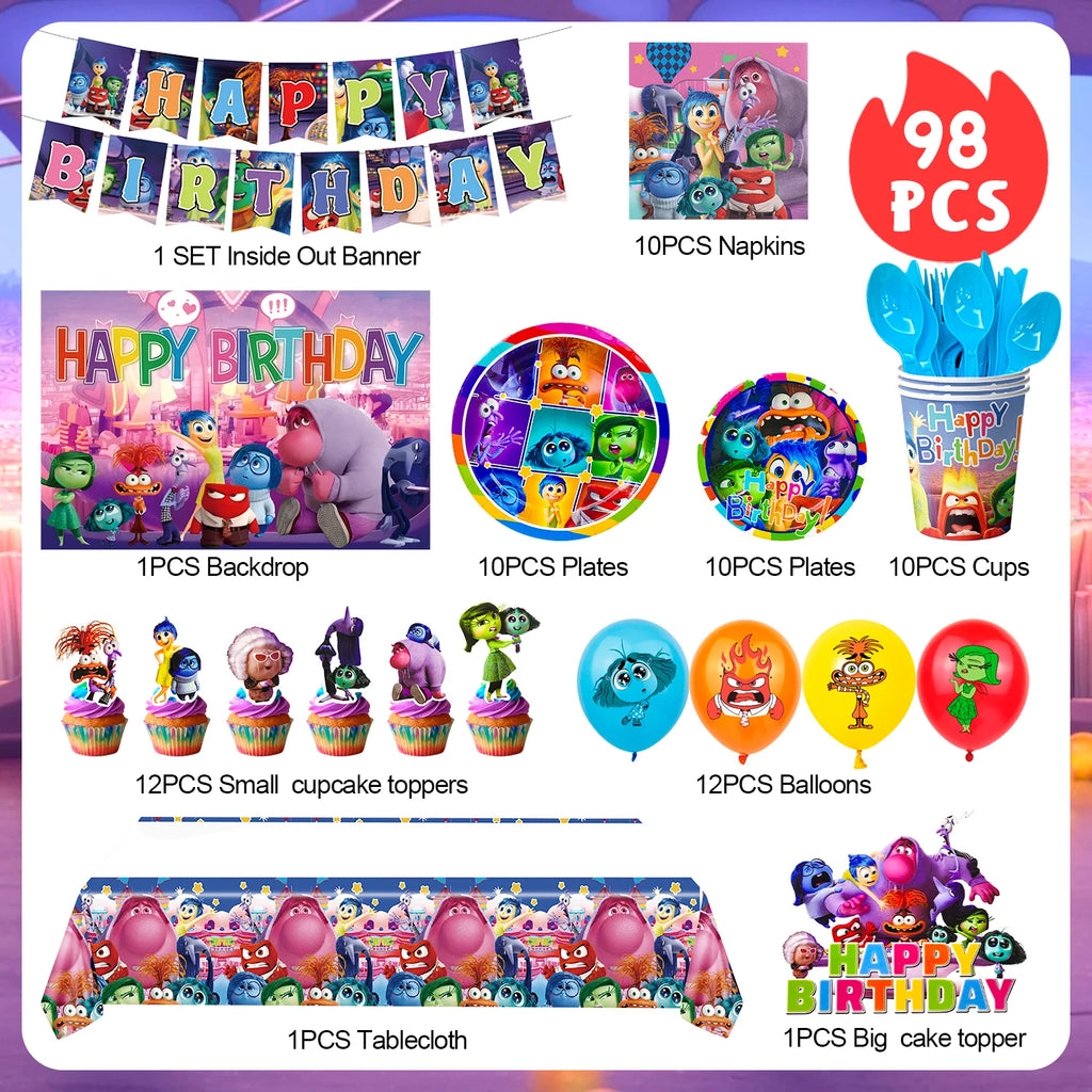 Inside Out Birthday Decorations,98pcs Inside Out Party Supplies&Tableware-Plates Banner Balloon etc Inside Out Party Decorations