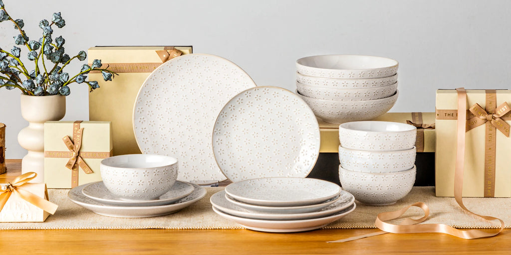 MALACASA LYDIA 16/32 Piece Stoneware Plates Dinner Set White Embossment Dinnerware Set with 6pcs Dinner plate/Dessert/Bowl/Soup