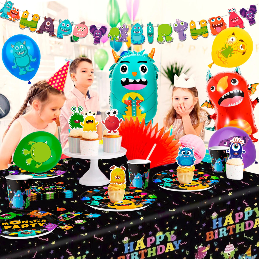 One-eyed monster Birthday Decorations,113 pcs One-eyed monster Party Supplies&Tableware Set-Plates Tablecloth Balloon Banner etc