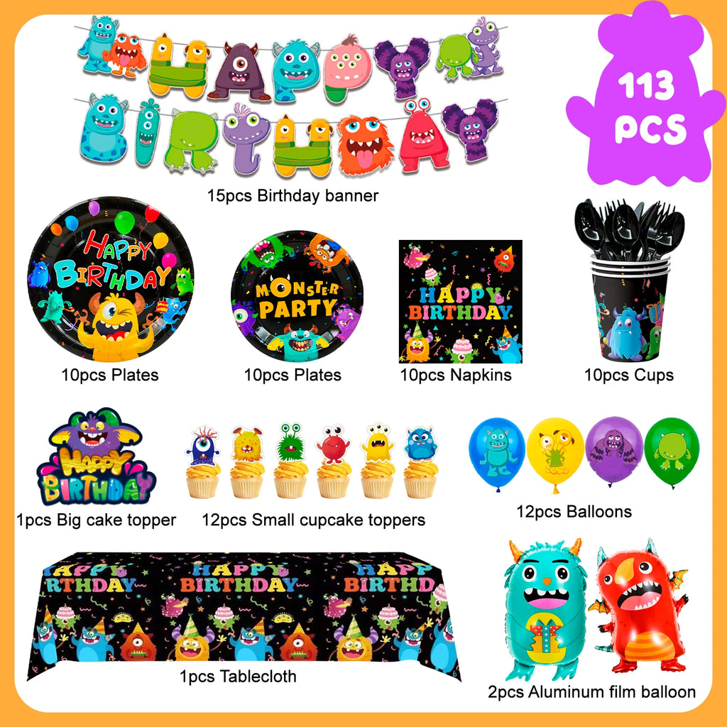 One-eyed monster Birthday Decorations,113 pcs One-eyed monster Party Supplies&Tableware Set-Plates Tablecloth Balloon Banner etc