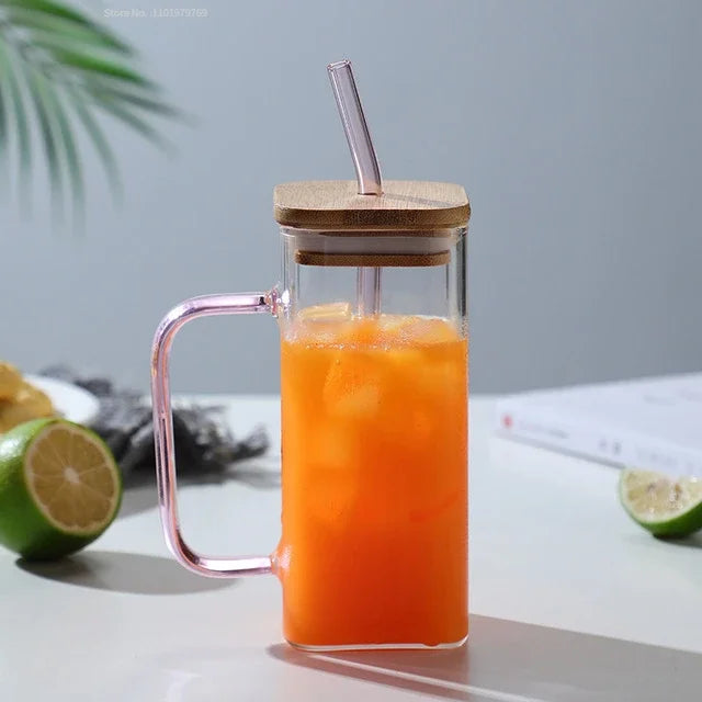 DecorBites 350ml Square Mug with Lid & Straw – Colored Handle Glass