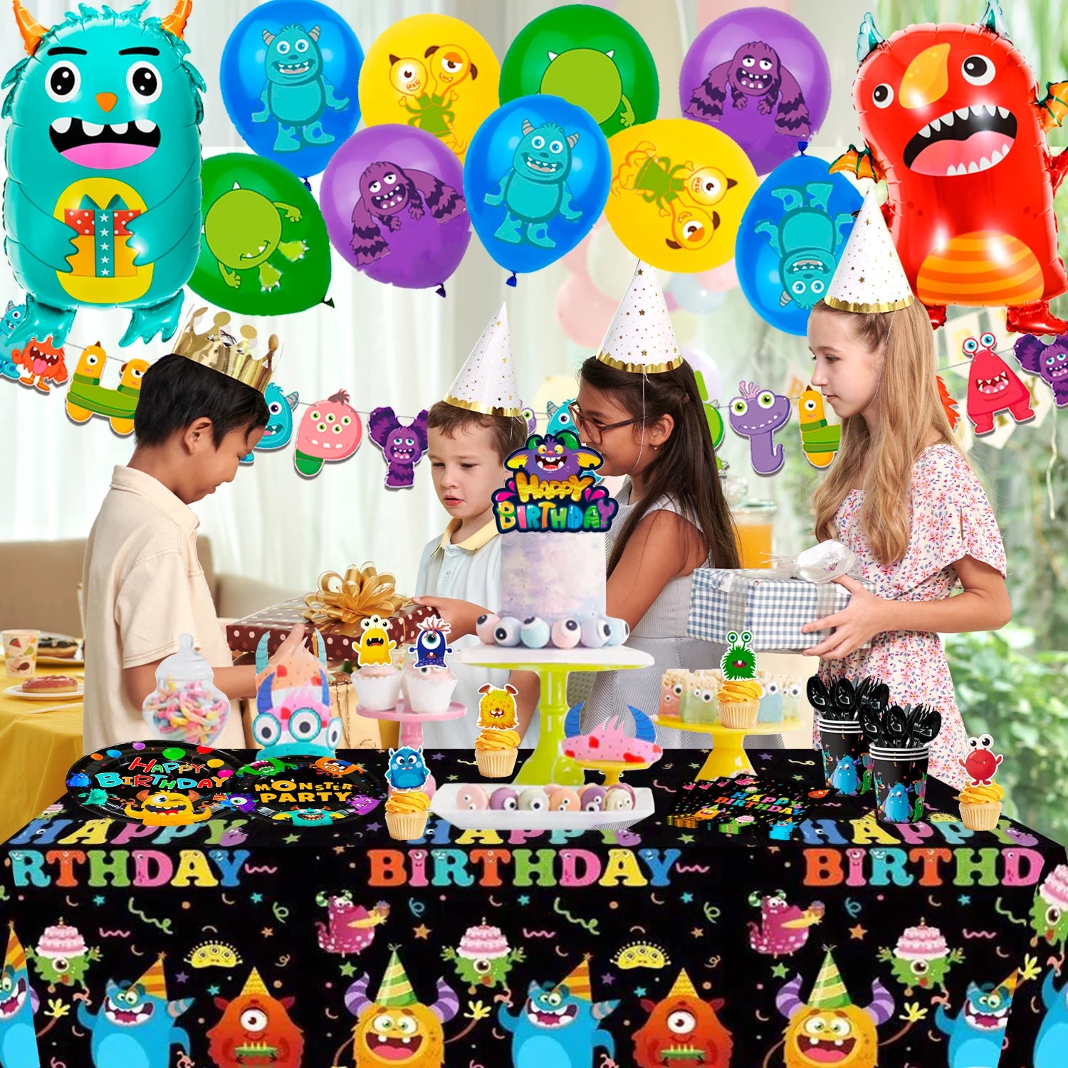 One-eyed monster Birthday Decorations,113 pcs One-eyed monster Party Supplies&Tableware Set-Plates Tablecloth Balloon Banner etc