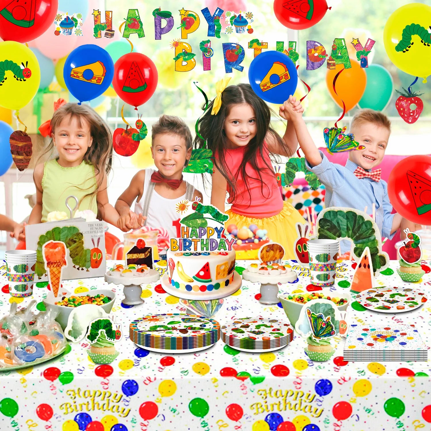 The Very Hungry Caterpillar Party Supplies,73pcs Hungry Caterpillar Birthday Decorations & Tableware Set-Plates Tablecloth etc